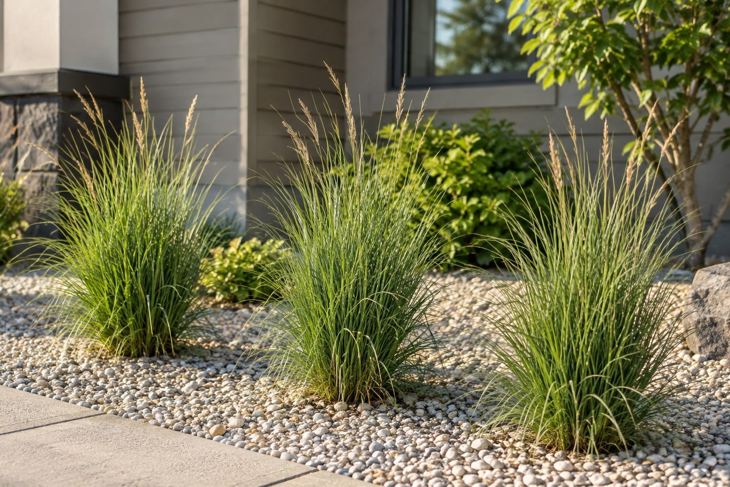 Three compact ornamental grasses in a pale gravel garden bed