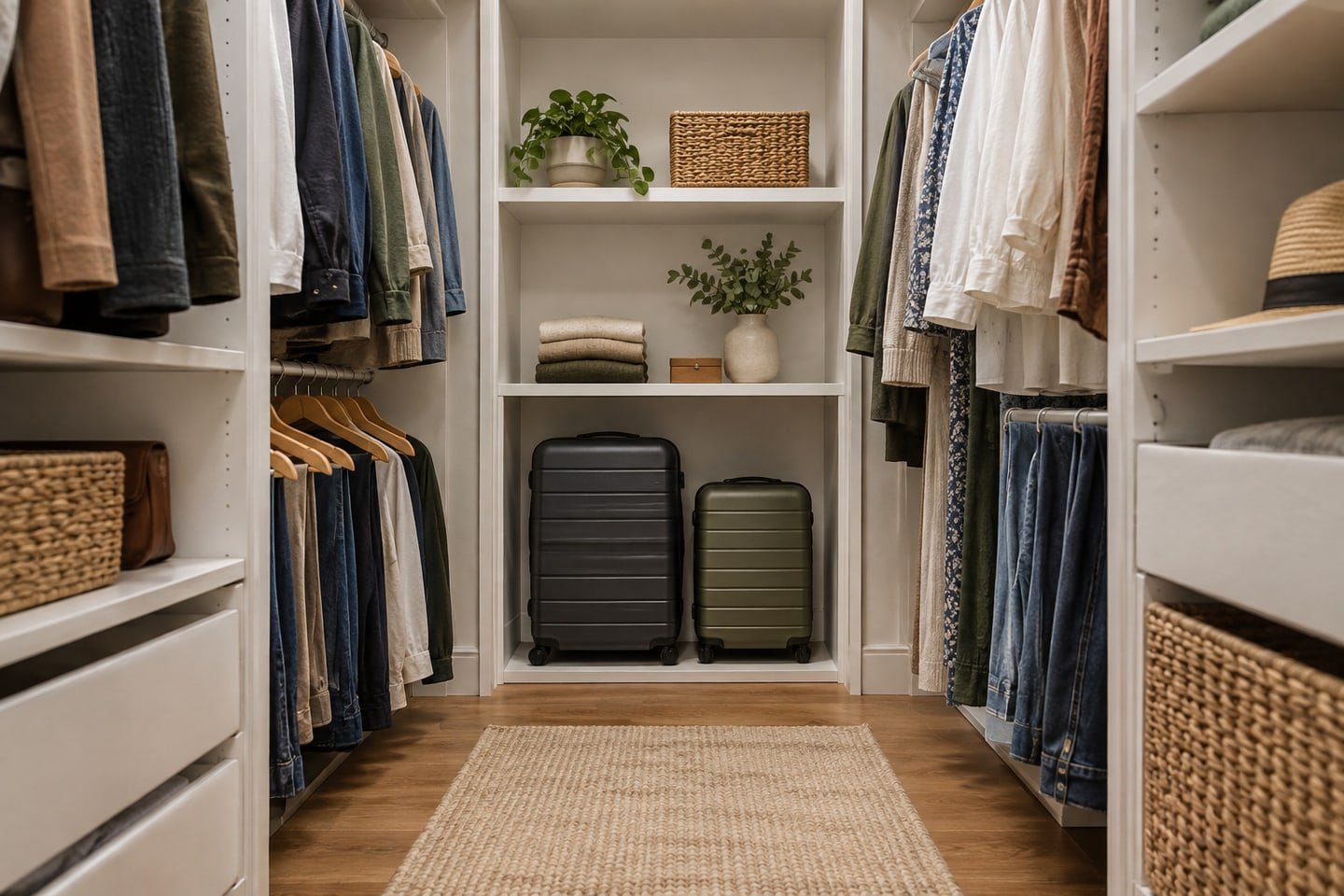 Walk-in closet with suitcases in a low cubby and an unobstructed aisle