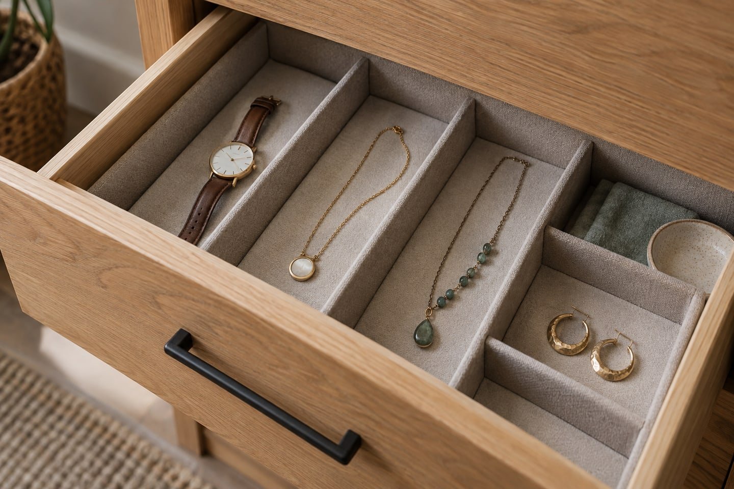 Fabric-lined closet drawer with a few neatly separated accessories