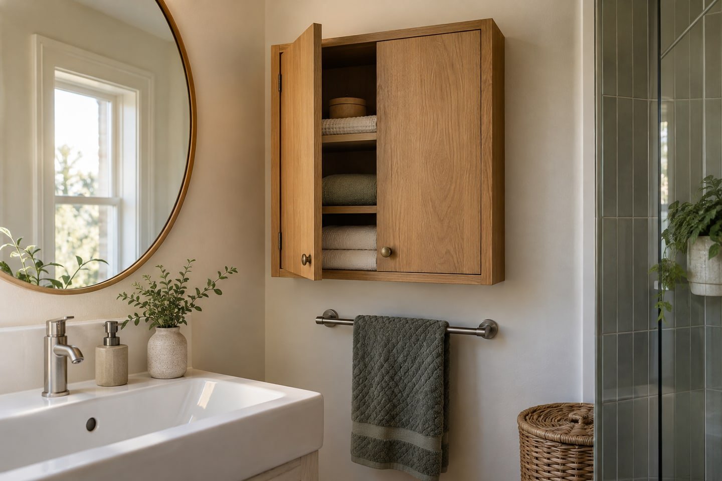 Shallow bathroom wall cabinet with neatly folded towels