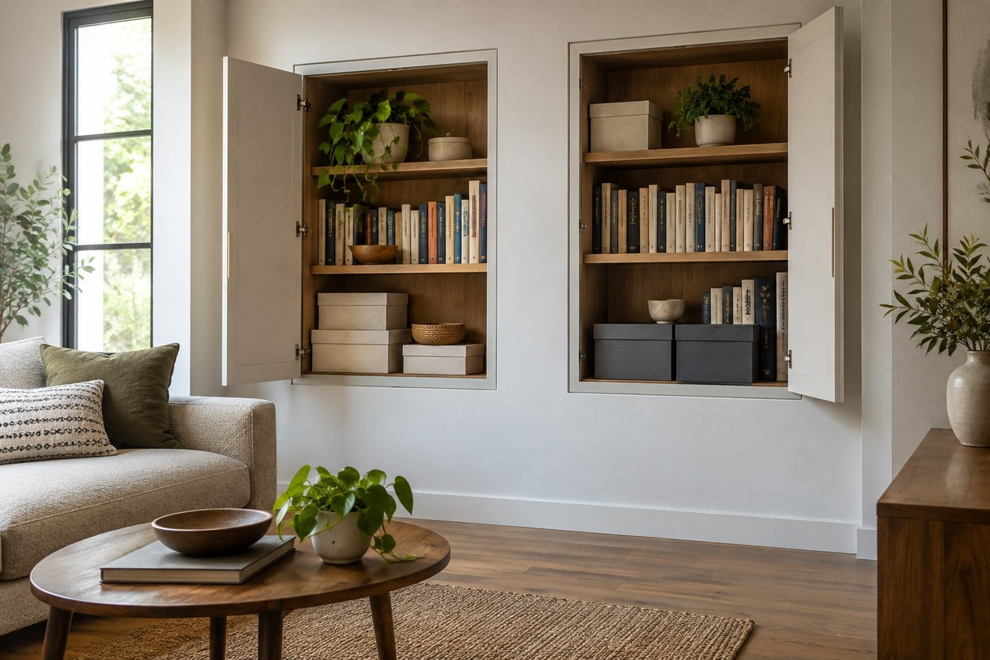 Flush living room cabinets with reachable shelves and a clear floor