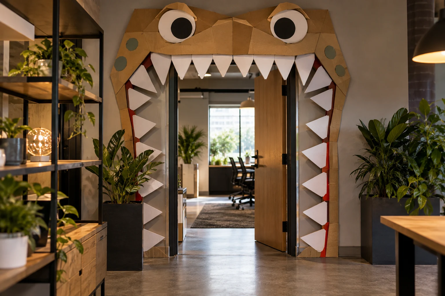 Playful monster mouth decoration framing an office doorway with oversized cardboard teeth