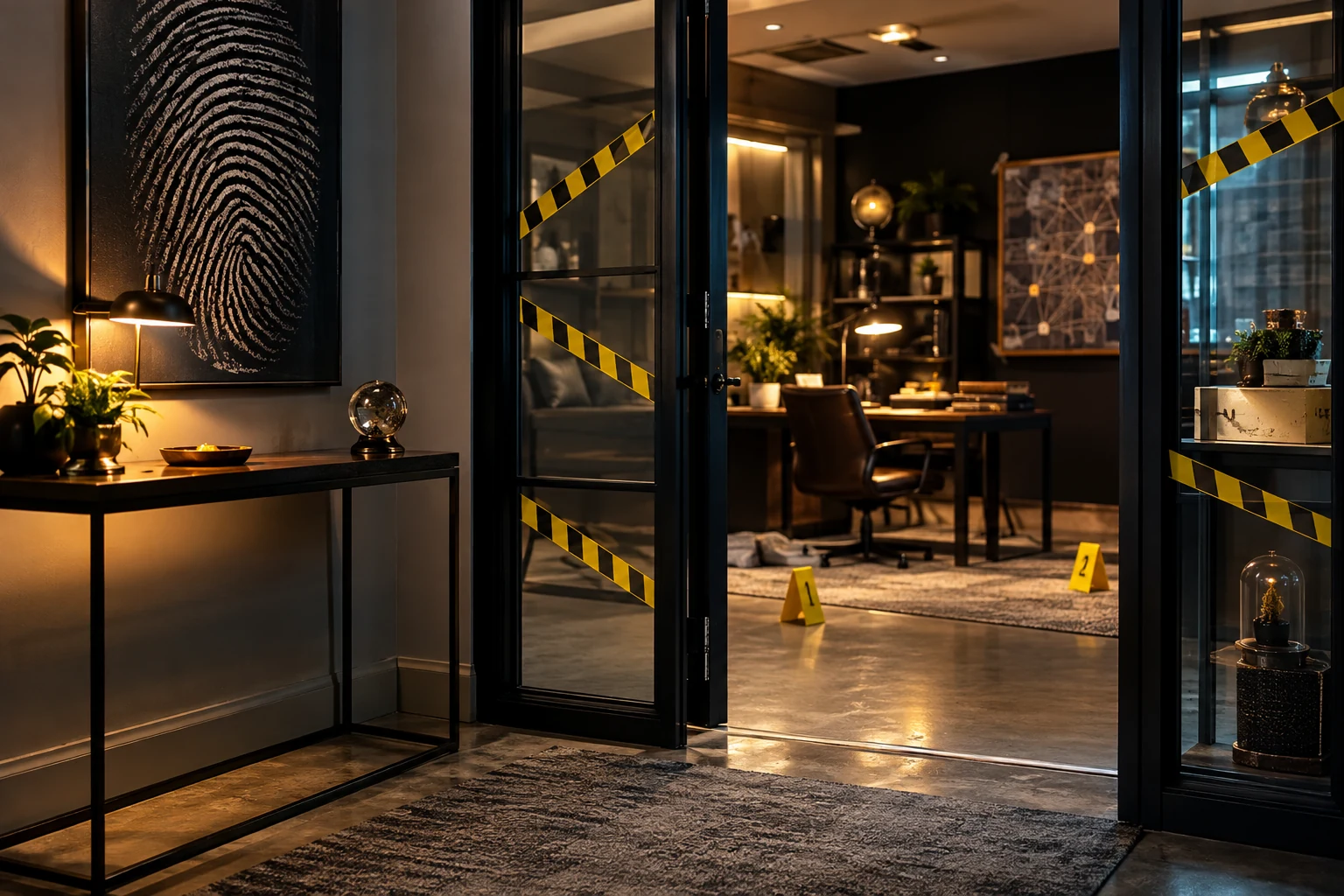 Tasteful forensic themed office entry with decorative tape and evidence props