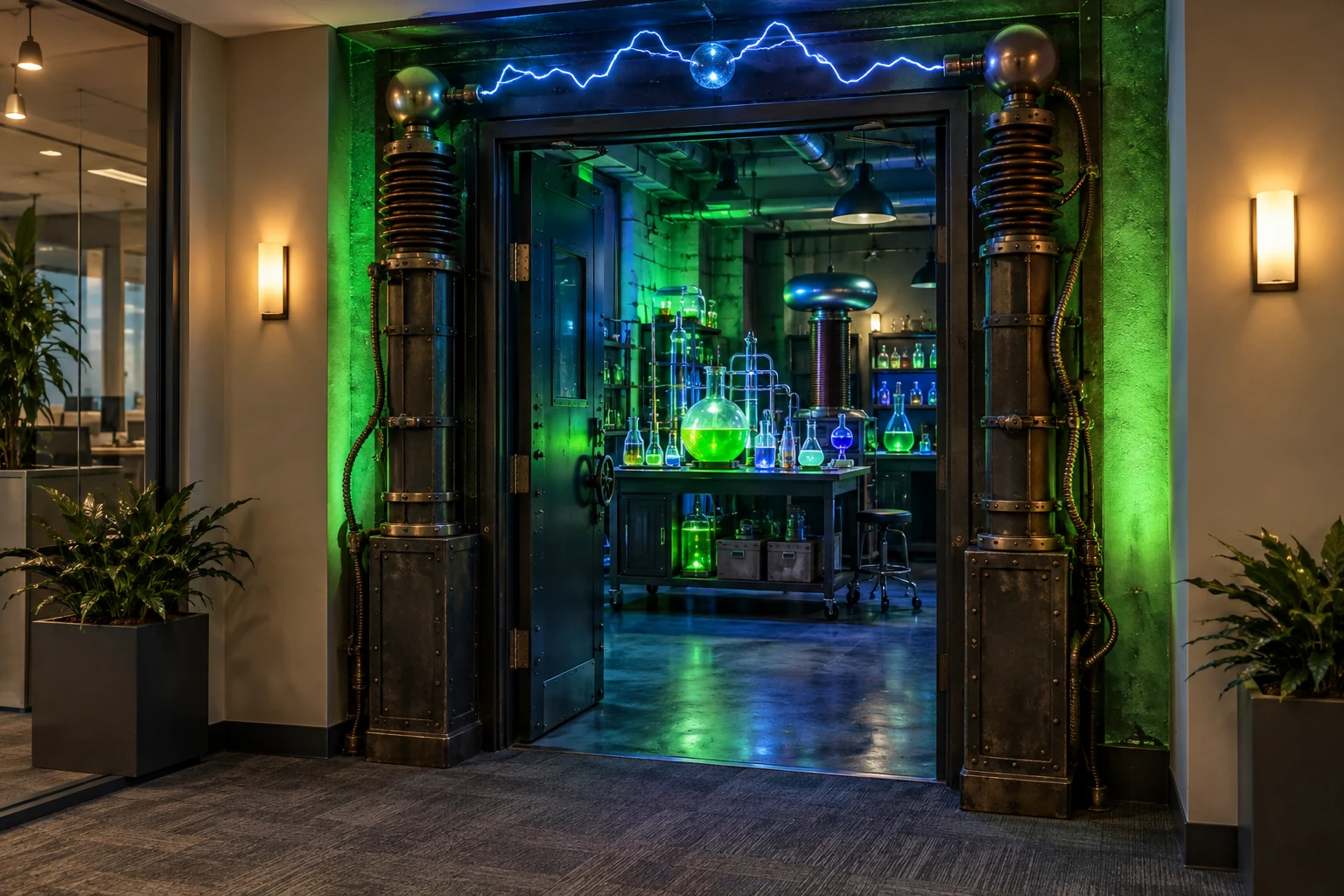 Mad science office doorway with glowing laboratory glassware and electrical props