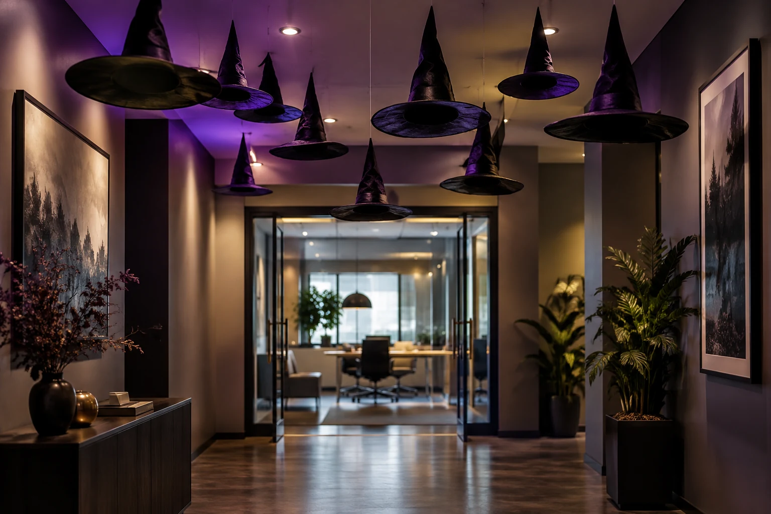 Suspended black witch hats floating above a purple lit office hallway