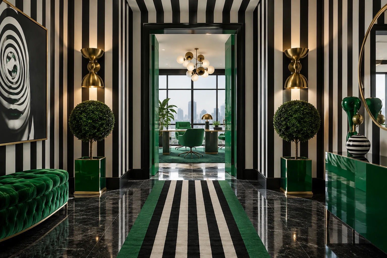 Bold black and white striped office entrance with elegant emerald green accents