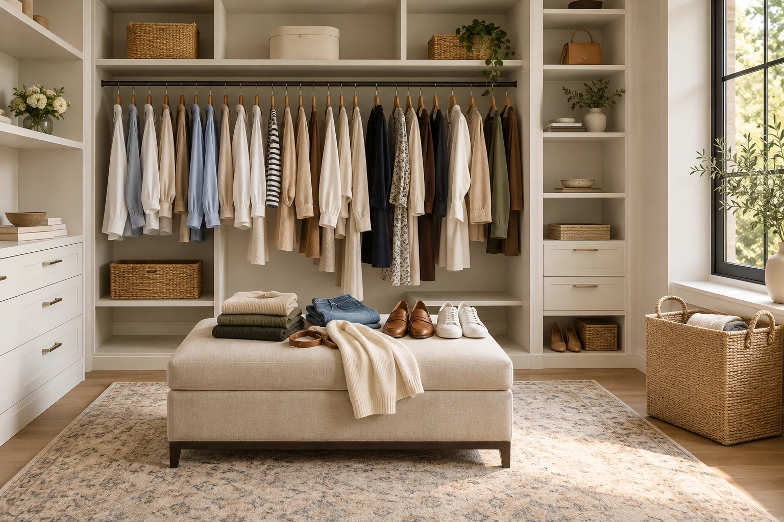 Spacious walk-in closet with selected clothing on an ottoman and open shelf space