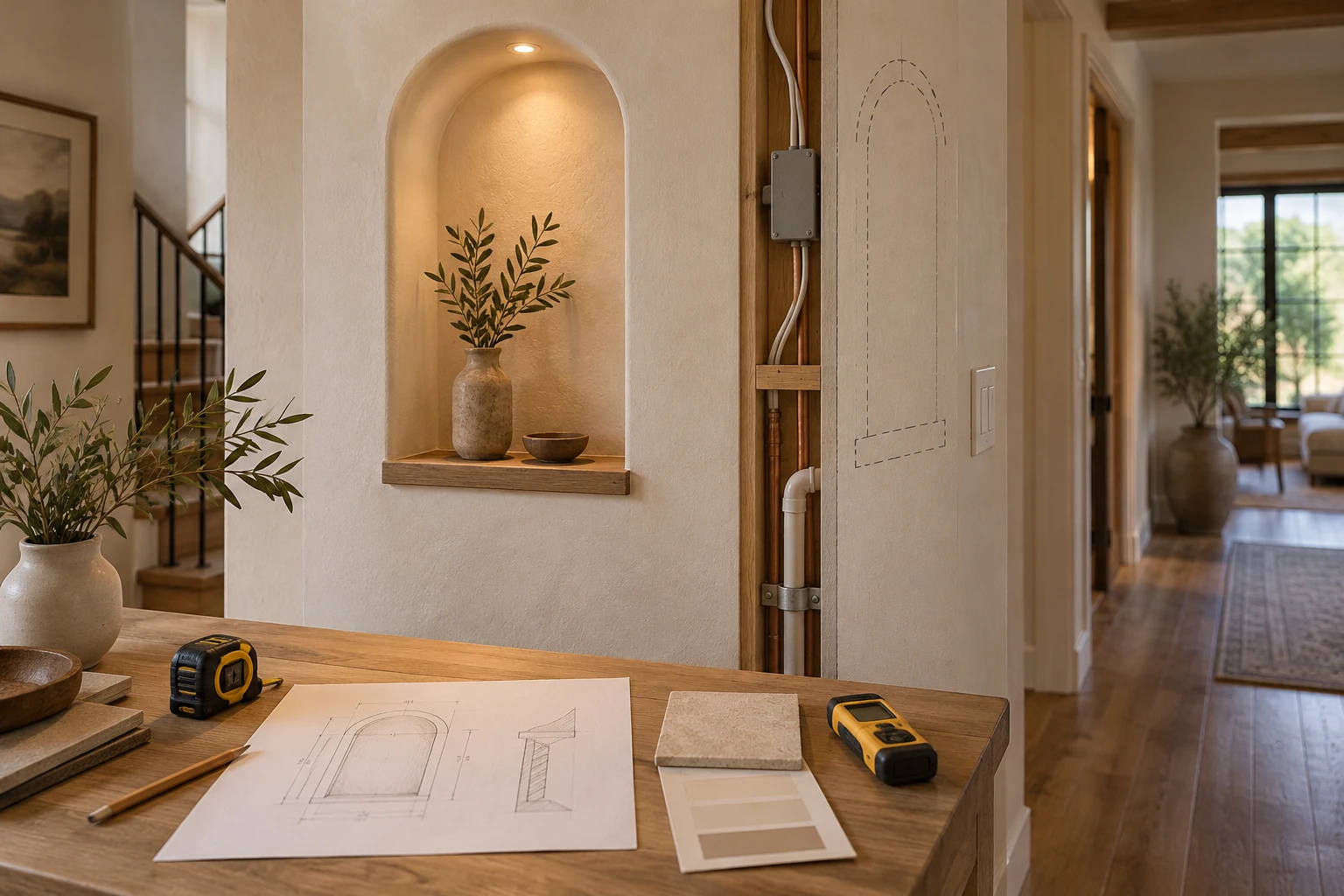 Arched wall niche beside a plan, stud finder, and exposed wall services being checked before building