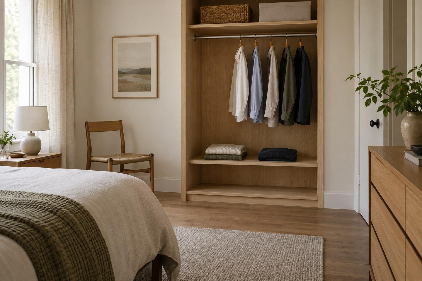 Reachable clothes rail and a lower shelf in an open bedroom wardrobe.